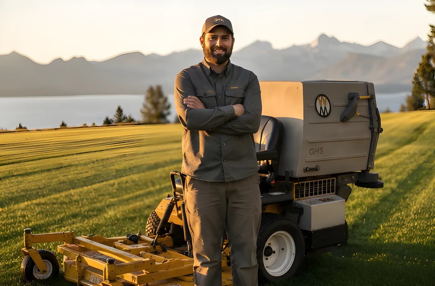 Evan beside his Walker mower on a manicured estate lawn