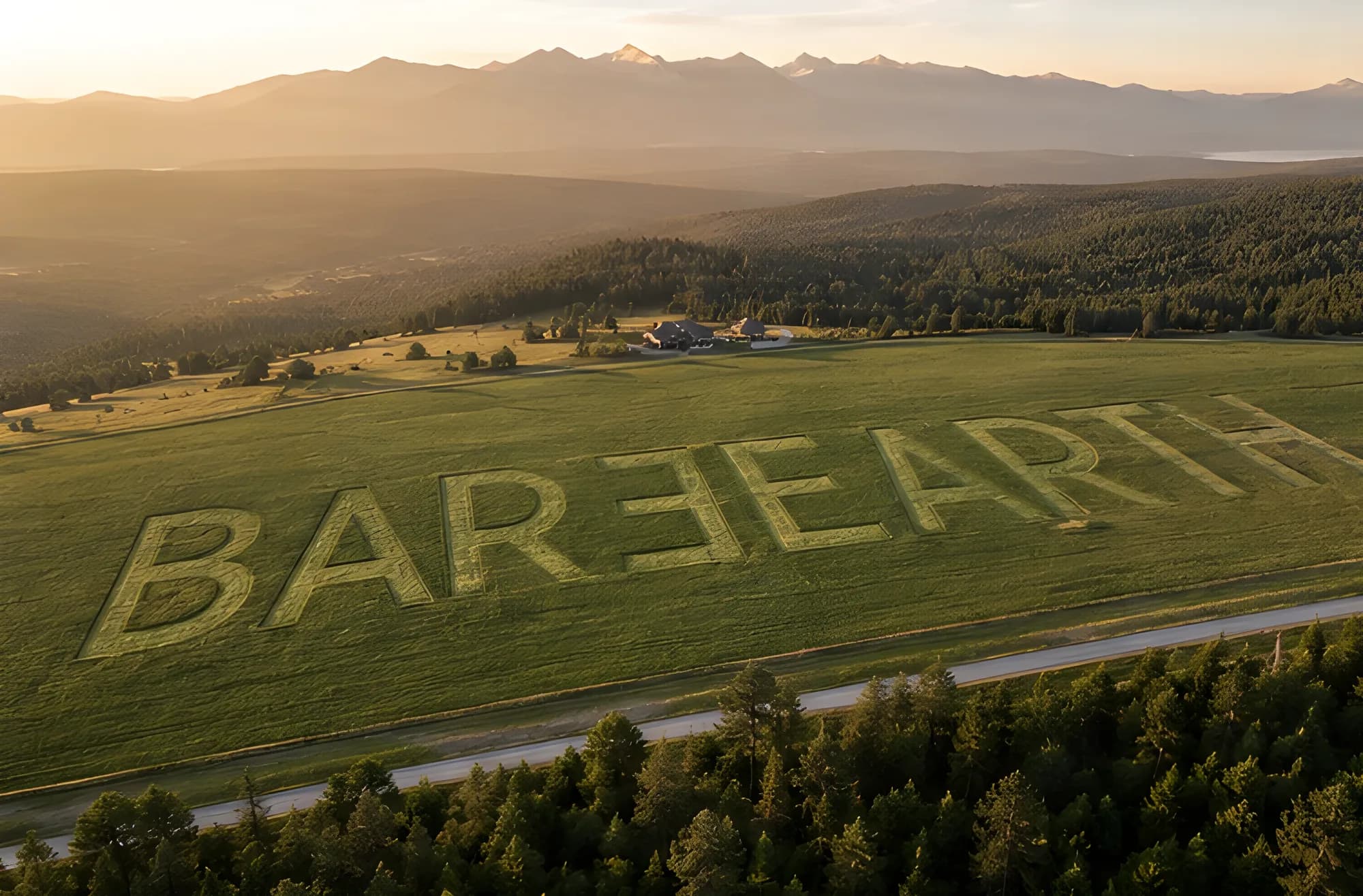 The BARE EARTH wordmark mowed into a Flathead Valley hayfield at golden hour, with the Swan Range behind