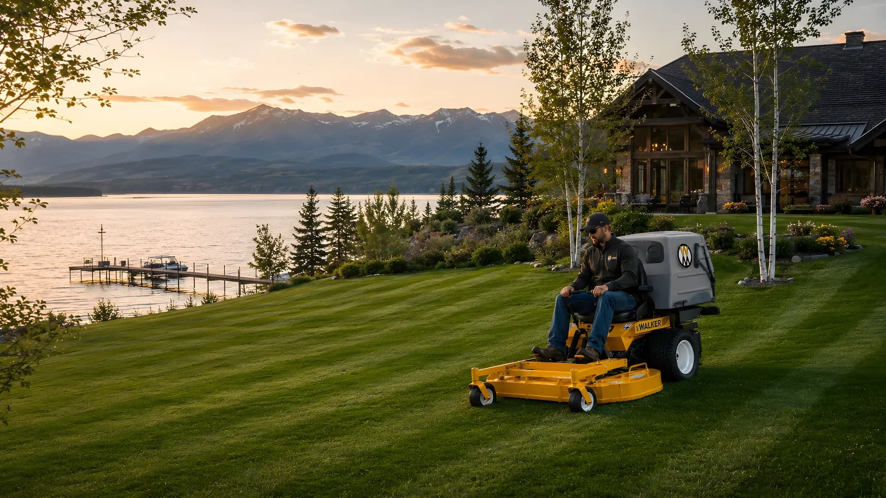 A Walker front-deck mower striping a lakefront estate lawn on Flathead Lake at golden hour